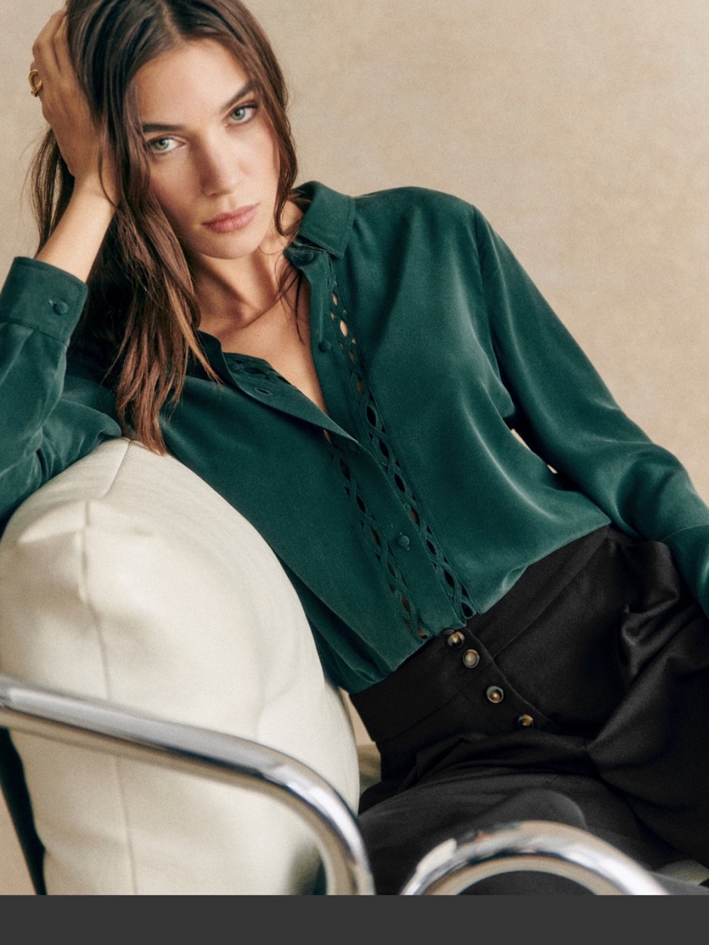 Womens Deep Green Satin Button-Front Blouse
